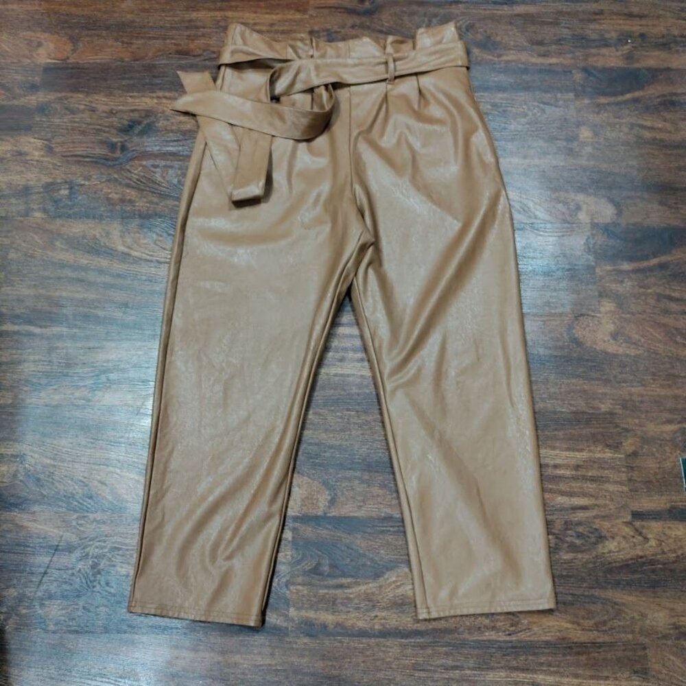 Commando Faux Leather Tie Belt Paperbag High Waisted Pant, Tan Women's Size M - Picture 2 of 7